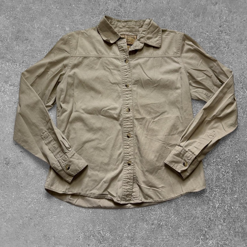 Bit & Bridle Womens Khaki Button Up Racing Shirt Tan Cotton Long Sleeve Small